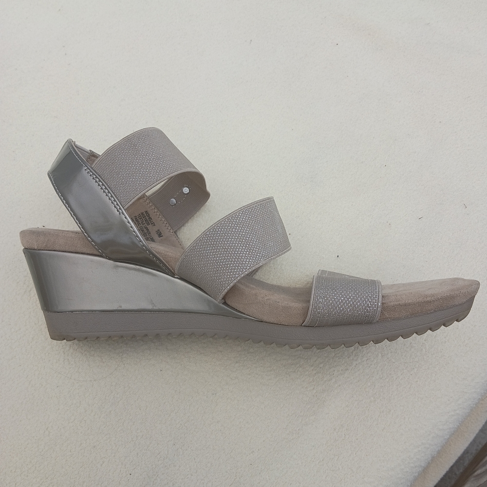Anne Klein Metallic Taupe Elastic Strap Wedge Sandal